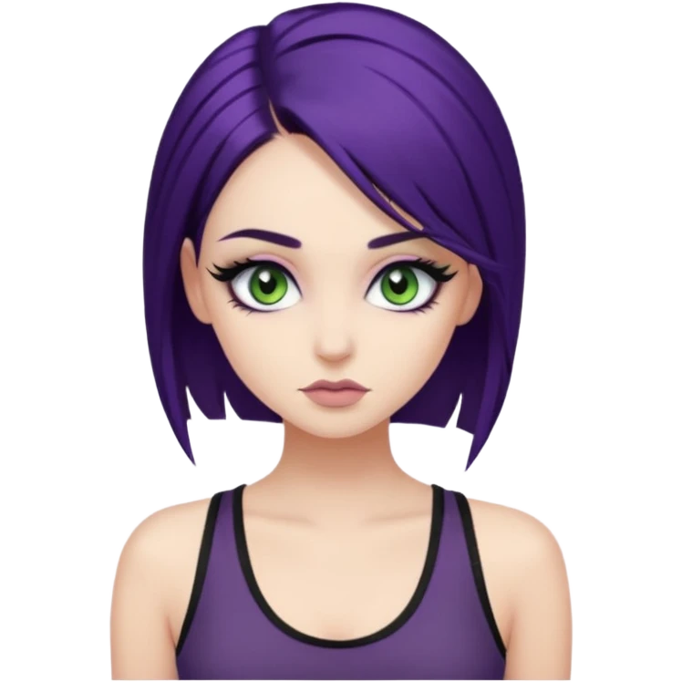 alternative girl with dark purple hair and big eyelashes, beautiful makeup and greenish grey eyes, straight eyebrows & wearing a low cut black tank top emoji