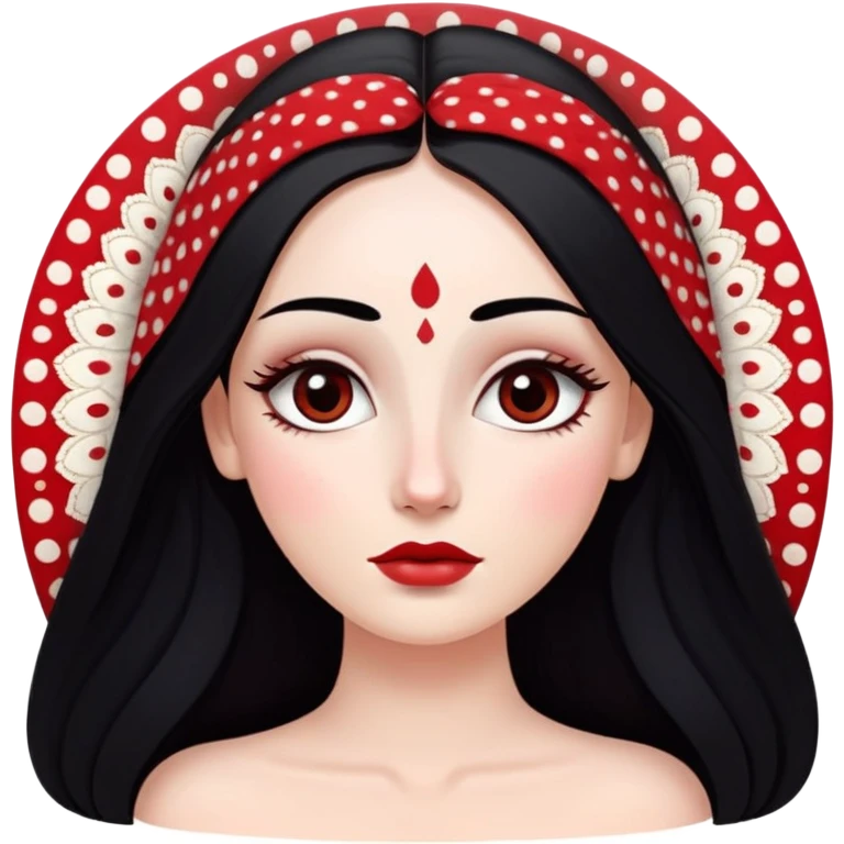 White girl with long oval shaped face, large almond shaped eyes with long eyelashes, long straight black hair falling in front of her bare shoulders, face closeup, with detailed pattern of red and white gopi dots in decorative arrangement above eyebrows emoji