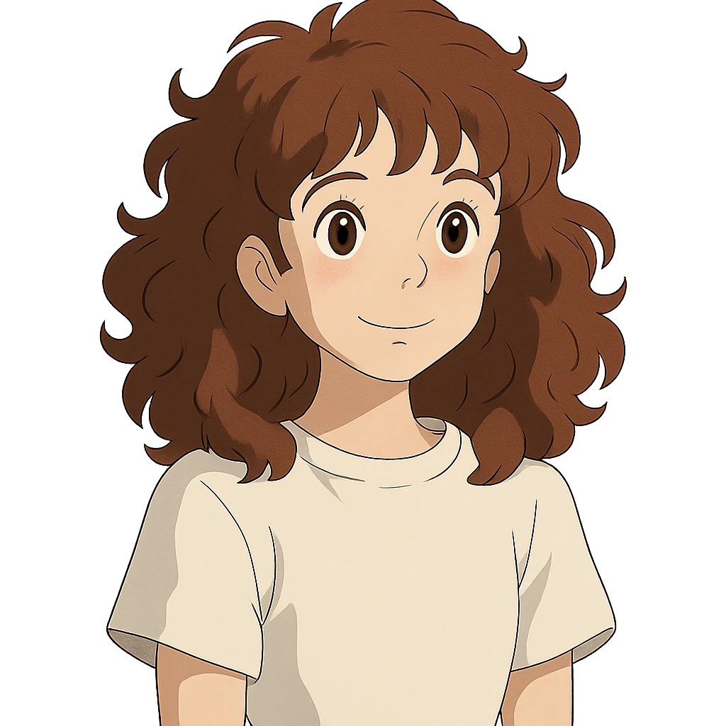 ghibli style girl with curly chestnut hair wearing a white t-shirt, no background emoji