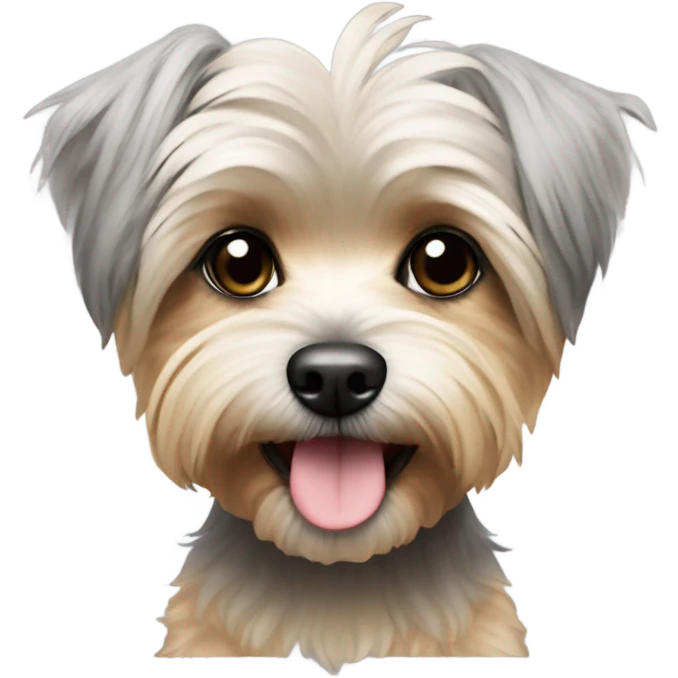 yorkie bichon mix. dog with light tan and grey messy fur, long ears down. Black eyes. emoji