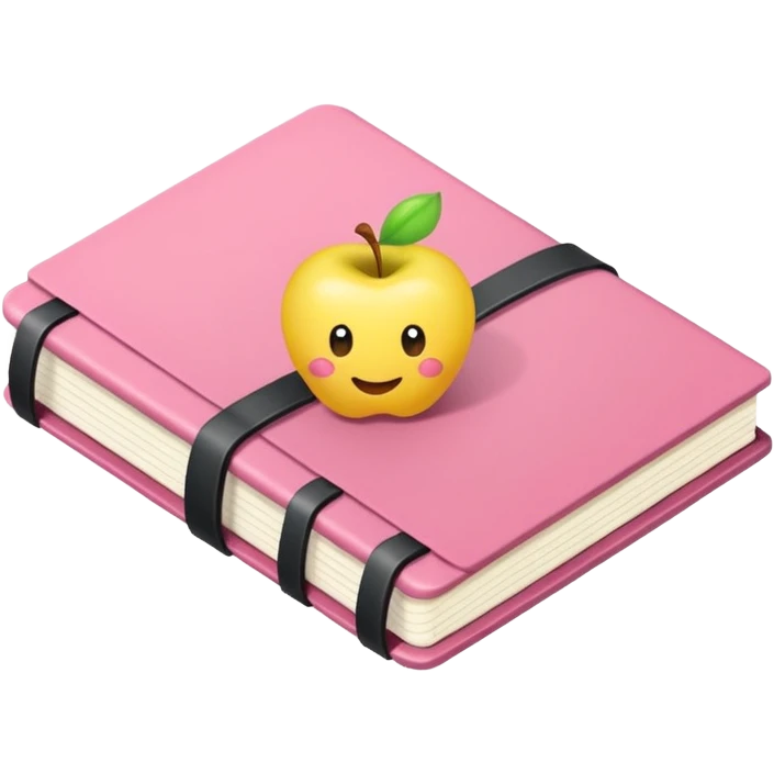 libreta de anillos rosada en perspectiva isometrica con sticker de carita feliz amarilla, sin rubor rosa, con aspecto de emoji de apple emoji