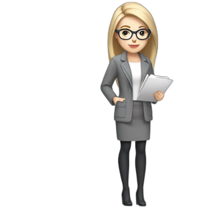 full height pale skin woman with cold blonde straight hair, care haircut, White blouse, Gray oversize jacket, Gray skirt and metal glasses holding a color palette in the hands emoji