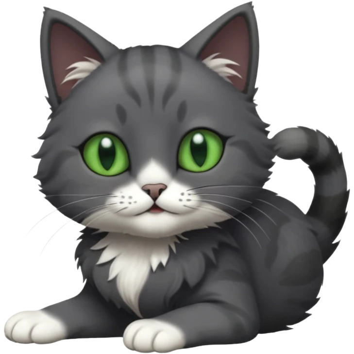 solid dark grey cat with green eyes, fully grey face, white toes/paws playfully rolling upside down emoji