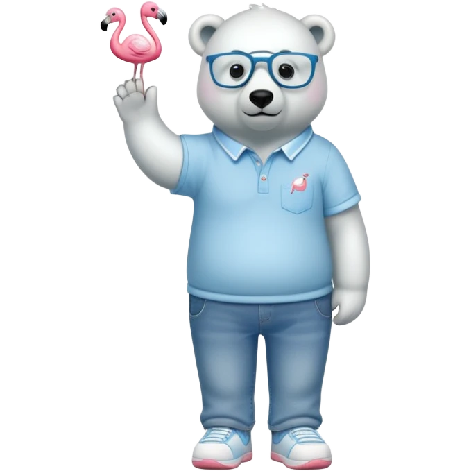 friendly anthropomorphised polar bear standing upright, chilled and unbothered, wearing a shirt, jeans, trainers, glasses decorated with small flamingo figures emoji