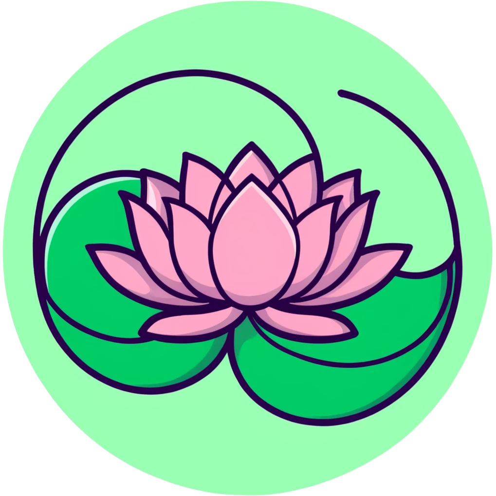Decorative pink lotus flower with stylized petals, floating on circular green pad with ripples in water emoji