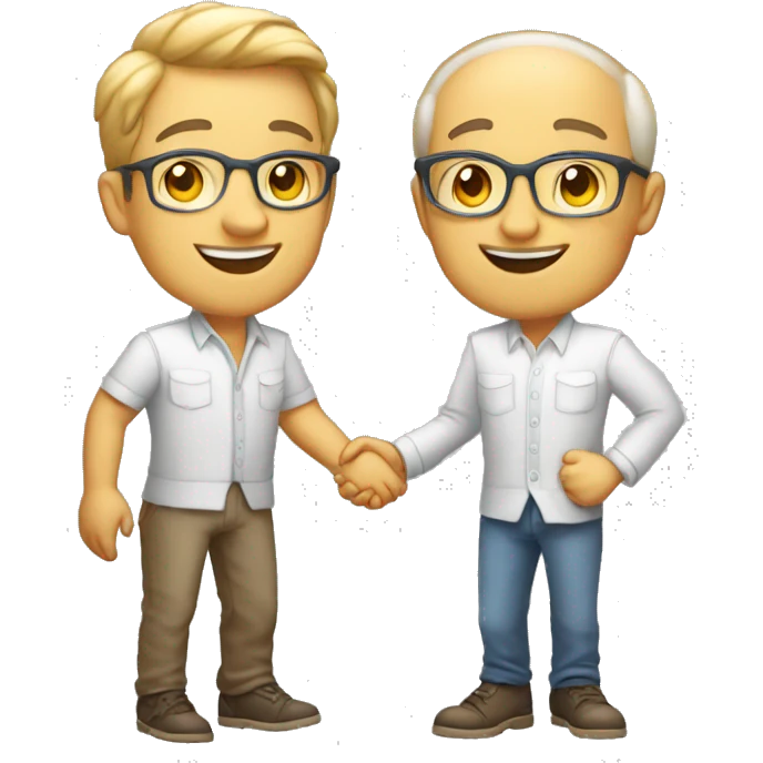 an old restaurant owner, a young blogger in youth clothes, shaking hands, both with light skin, in great detail, in full height emoji