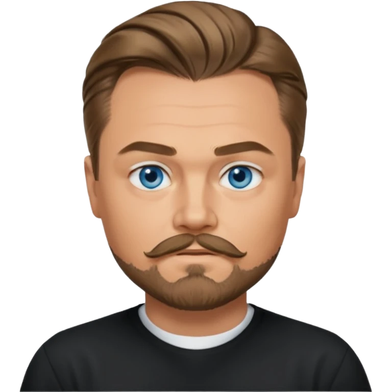 a good looking like leonardo di caprio blue eyes, beard, mustache, a black shirt, green not blue eyes, hair tied to the back emoji