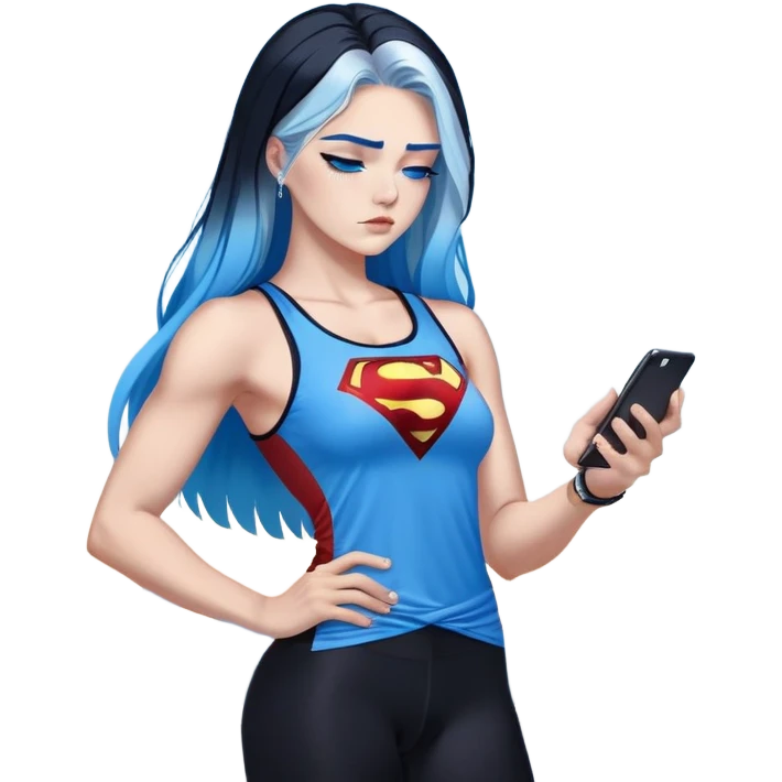 Shameful disappointed crying-very very very very big chest-texting on a samsung cell phone-very long straight flowing black to sky blue hair ombre-blue eyes-black eyeliner-long eyelashes-plastic sparkling sky blue very low cut tank top with sparkling superman logo-black leggings-nike sneakers emoji