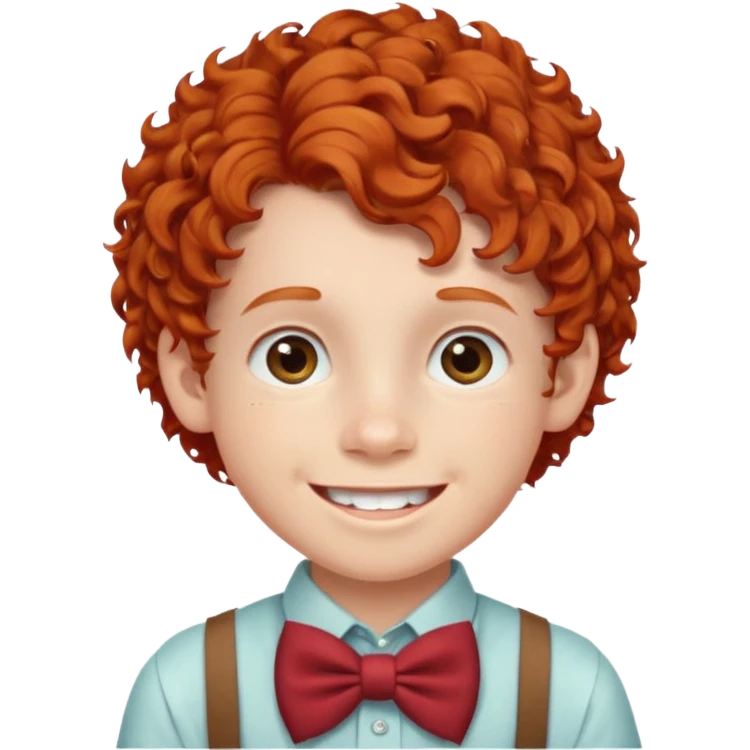redhead kid with unique face features and very curly hair kid boy happy and braces on teeth, wearing a bow on head emoji