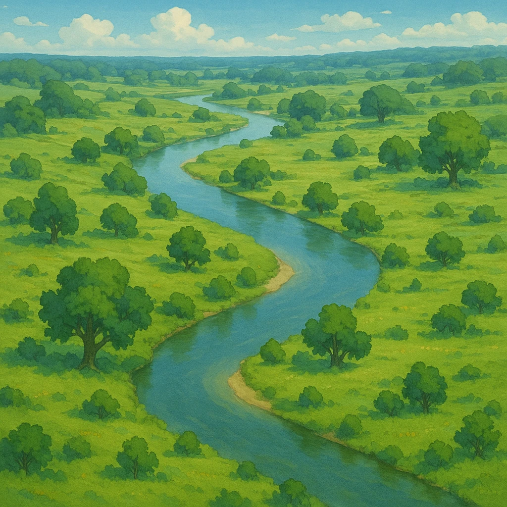 aerial view of a nature landscape with a river, meadows, and scattered trees, ghibli-inspired style emoji