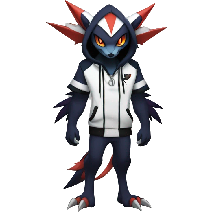 Cool Anthro Dark Absol-Noivern-Quilava-Litten-Pokémon with edgy stripes hoodie spiked collar punk Full Body emoji