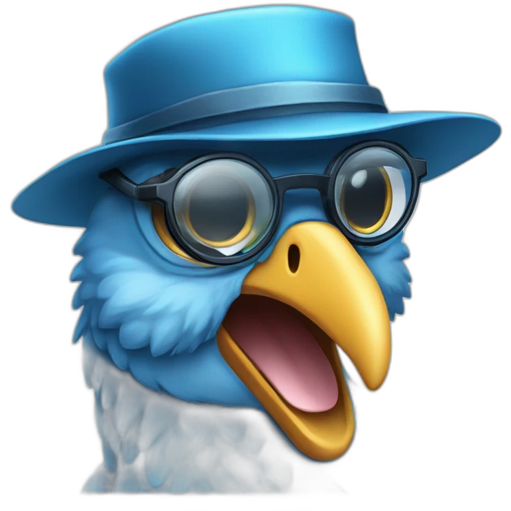 Crazy funny Cyberpunk Articuno head with beautiful smile wearing glasses and hat emoji