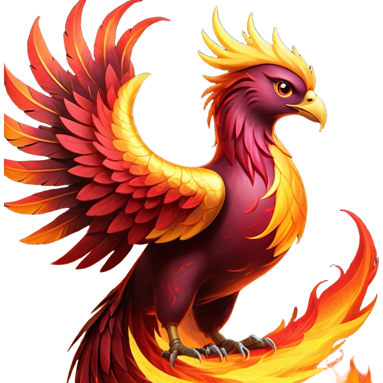 Cinematic Noble Battle-Hardened Mystical Fire Phoenix Portrait Emoji, with scorched, battle-scarred plumage in deep crimson, burnt gold, and smoldering ember hues. Its piercing eyes, hardened by countless conflicts, blaze with unyielding resolve and ancient wisdom. The elongated tail feathers bear vivid marks of fiery combat, rendered with lifelike texture and dynamic highlights, high shine, exuding an aura of mythic martial valor, focused and commanding, with a soft glowing outline that captures a phoenix forged in the fires of war. emoji