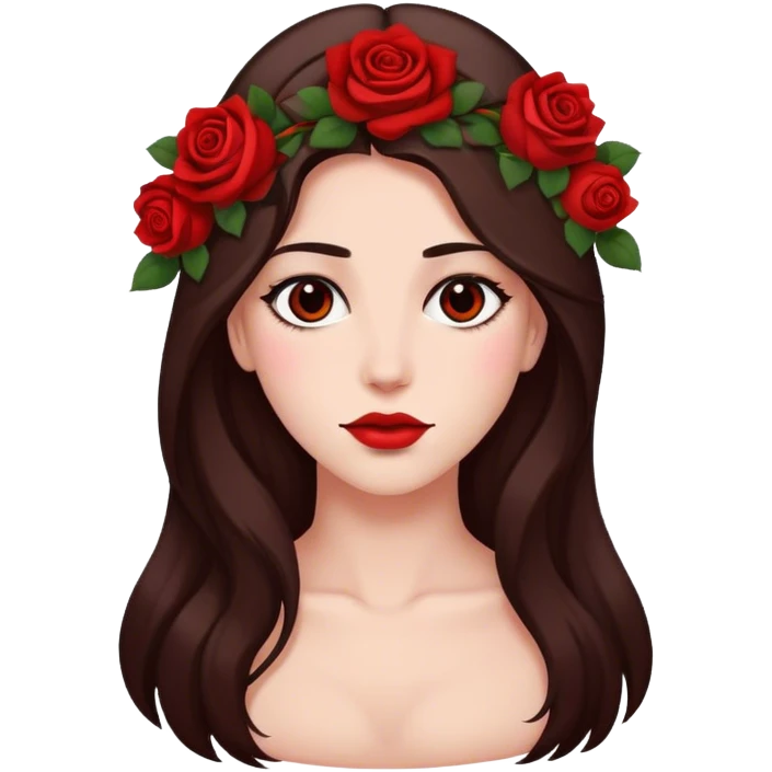 Beautiful, rose, red, flowers in hair, long dark brown hair, white fair skin emoji