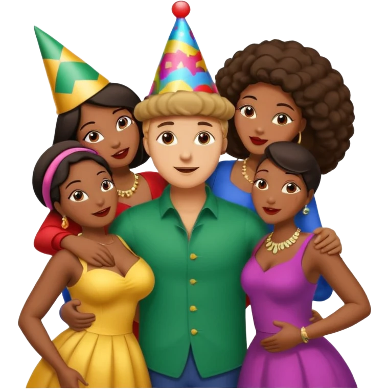 one american italian brunette young man surrounded by three african women with large butts hugging him and each other and grabbing his crotch (emphasis emoji