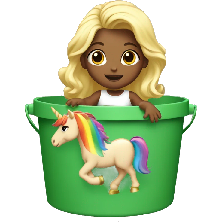 Blonde baby girl, inside of a green bucket riding a unicorn with rainbow hair ￼ emoji