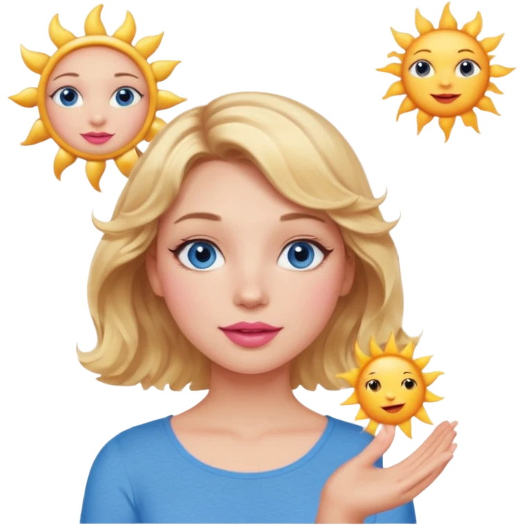 Girl Blonde short wavy hair,  blue eyes, cute blue top, long lashes, pink lips, holding the one sun   emoji