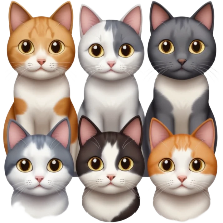 5 different coloured short haired cats including; a dark brown and white cat, and a dark grey and white, and a calico emoji