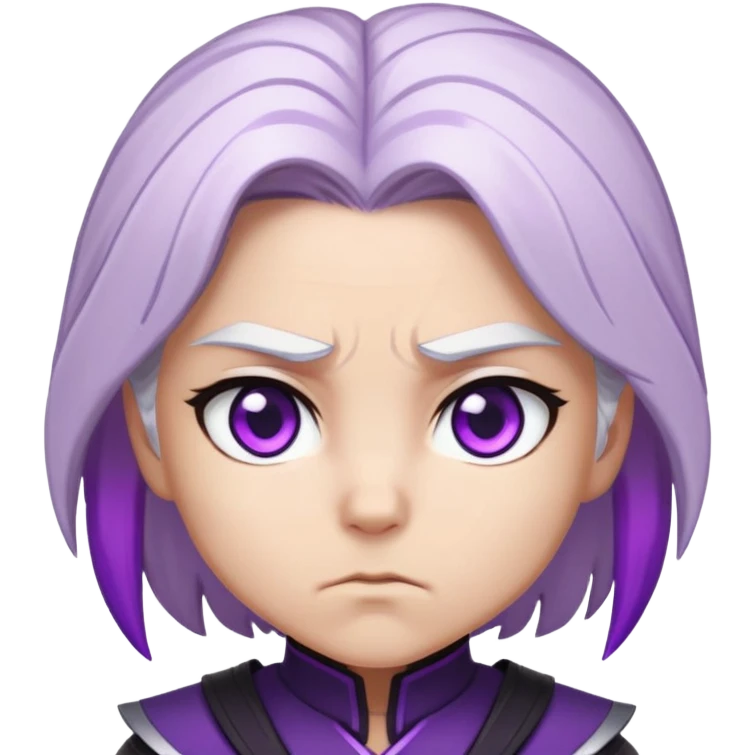 Chibi Sable Ward with intense focus expression, slightly furrowed brows, concentrated stare, white hair with purple streaks, fully purple eyes, determined look emoji