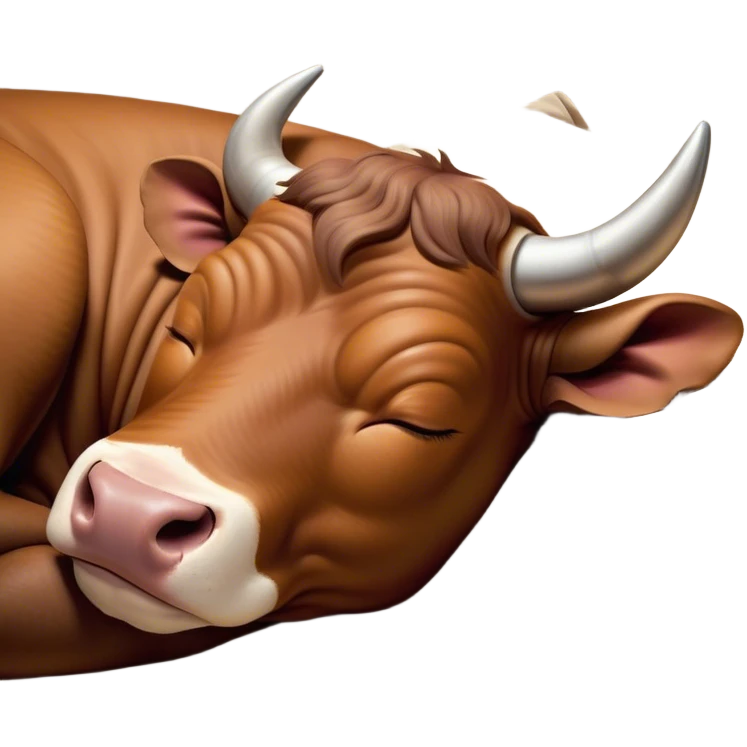 Meme-Worthy Cute Sleeping Brown Bull Portrait Emoji, Head resting peacefully with a contented smile, showcasing a robust, massive build and a luxuriously soft rich brown hide, eyes shut in a serene, restful nap, Simplified yet hilariously adorable features, highly detailed, glowing with a soft, drowsy light, high shine, relaxed and utterly lovable, stylized with an air of playful laziness, bright and heartwarming, soft glowing outline, capturing the essence of a comically sleepy guardian, so meme-worthy it feels like it could instantly become the next viral sensation of adorable slumber! emoji