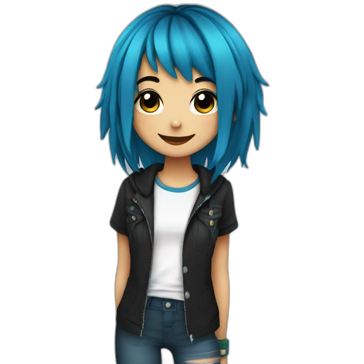 Happy emo girl, black makeup, long choppy blue hair side bangs emoji