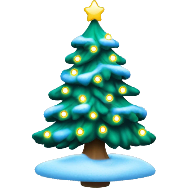 Green Christmas tree with snow on it. blue & white bulbs. Yellow fairy lights. emoji