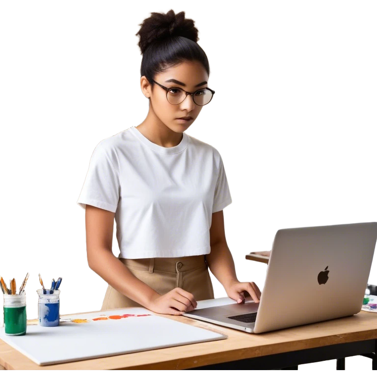 A person is **standing up from their desk**, a determined look on their face. In front of them is a **blank canvas, an open laptop, or a workbench**—a symbol of **taking action**. Their **future self**, glowing with confidence, is **guiding their hands as they type, paint, build, or create something emoji