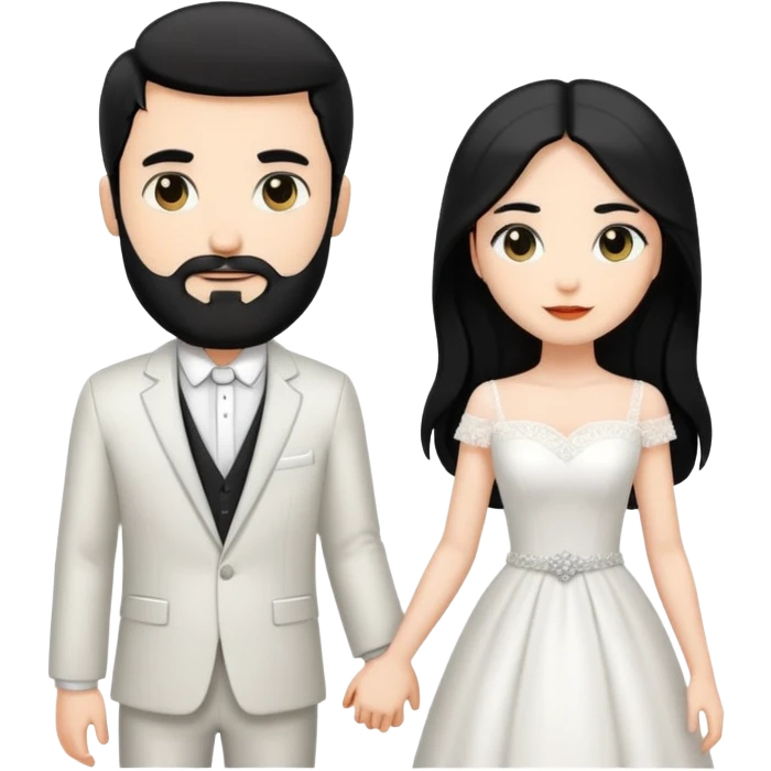 couple of newlyweds holding hands, white skin man with black hair and beard; white skin woman with long black hair and black eyes emoji