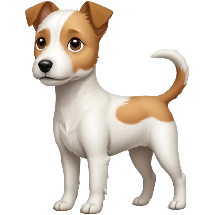 a full body slightly chubby white parson russell terrier looking dog the size of a kelpie with light brown long ears and a light brown patch on one eye and a large snout emoji
