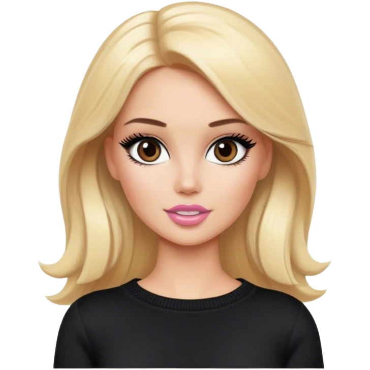 blonde makeup artist barbie, black sweater, brown eyes emoji