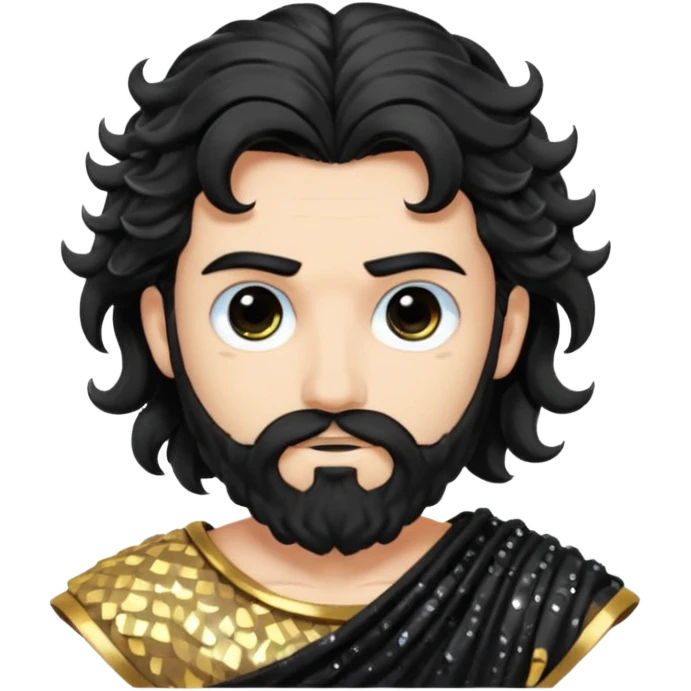 Hades from Greek Gods with long black wavy hair and short beard, black sequin toga emoji