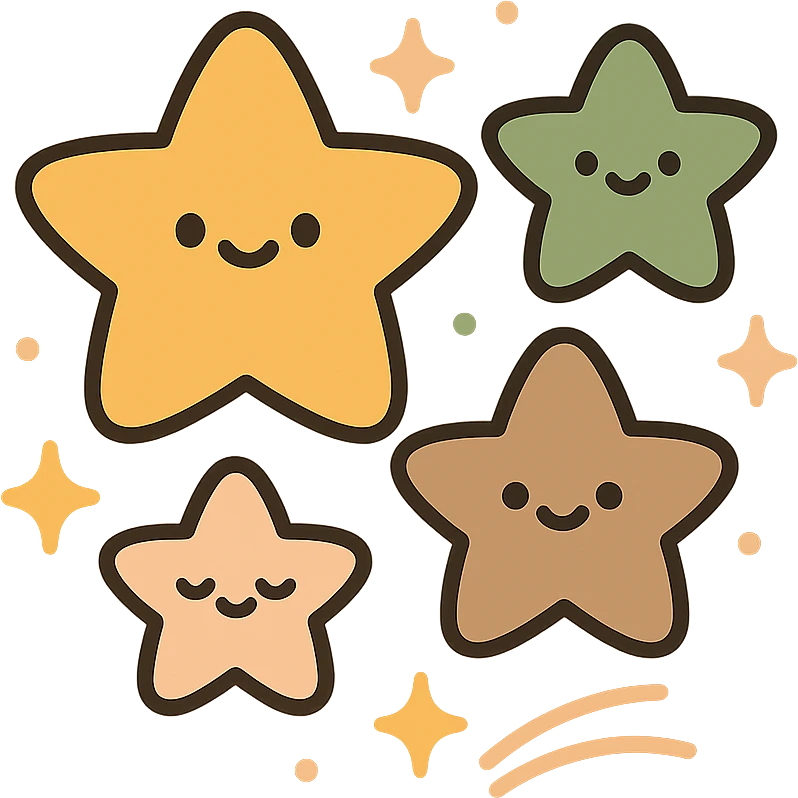 A  collection of cute, glowing stars floating gently in a soft, dreamy sky. The stars vary in size and are designed in a warm and whimsical color palette: golden orange (FA9B41), deep forest green (4A7C5C), muted taupe brown (96775A), and pastel peach (FFCC9A). Each star has a soft, rounded shape with tiny smiles or sparkles on their surfaces, giving them a friendly, magical look. Some are twinkling, while others leave gentle trails of light in peach and gold. The background is softly lit, creating a cozy, enchanted atmosphere like a bedtime story illustration. emoji