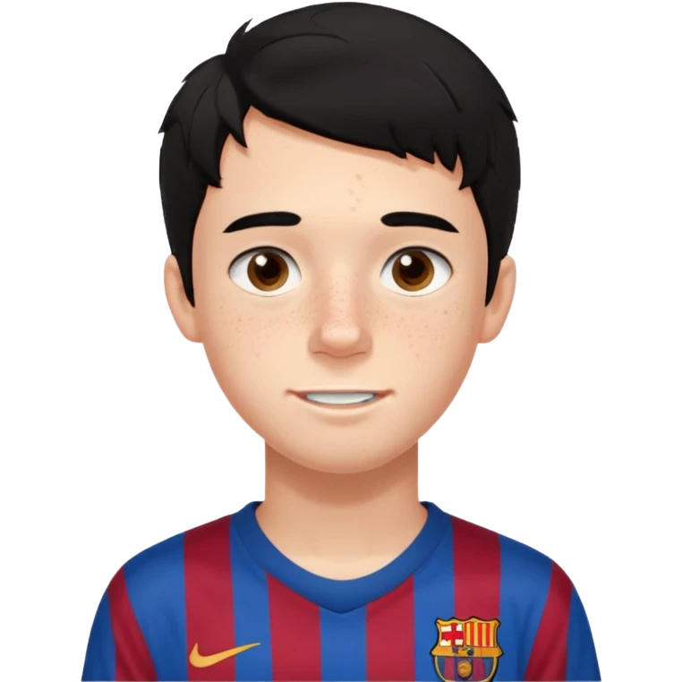 Un chico con pelo liso, demasiado pelo desordenado y negro, tiene pecas, brackets, ojos cafés oscuros y con una camisa del Barcelona emoji