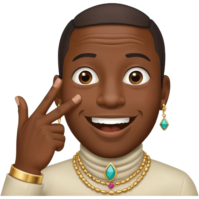 Giggling black man with jewelry covering his mouth with his right hand with one thumb and four fingers only emoji