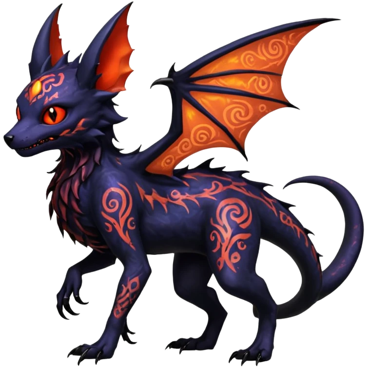 Shiny Fiery Dark Ugly Evil Realistic Glowing Eldritch Horror Cool Edgy Badass Emo Demonic Batty Dusky Ethereal Punky Aural Bioluminescent Hideous Canine-Litten-Amaura-Salandit-Noibat-Flareon-Fakémon-fusion (full body) with intricate pattern markings emoji
