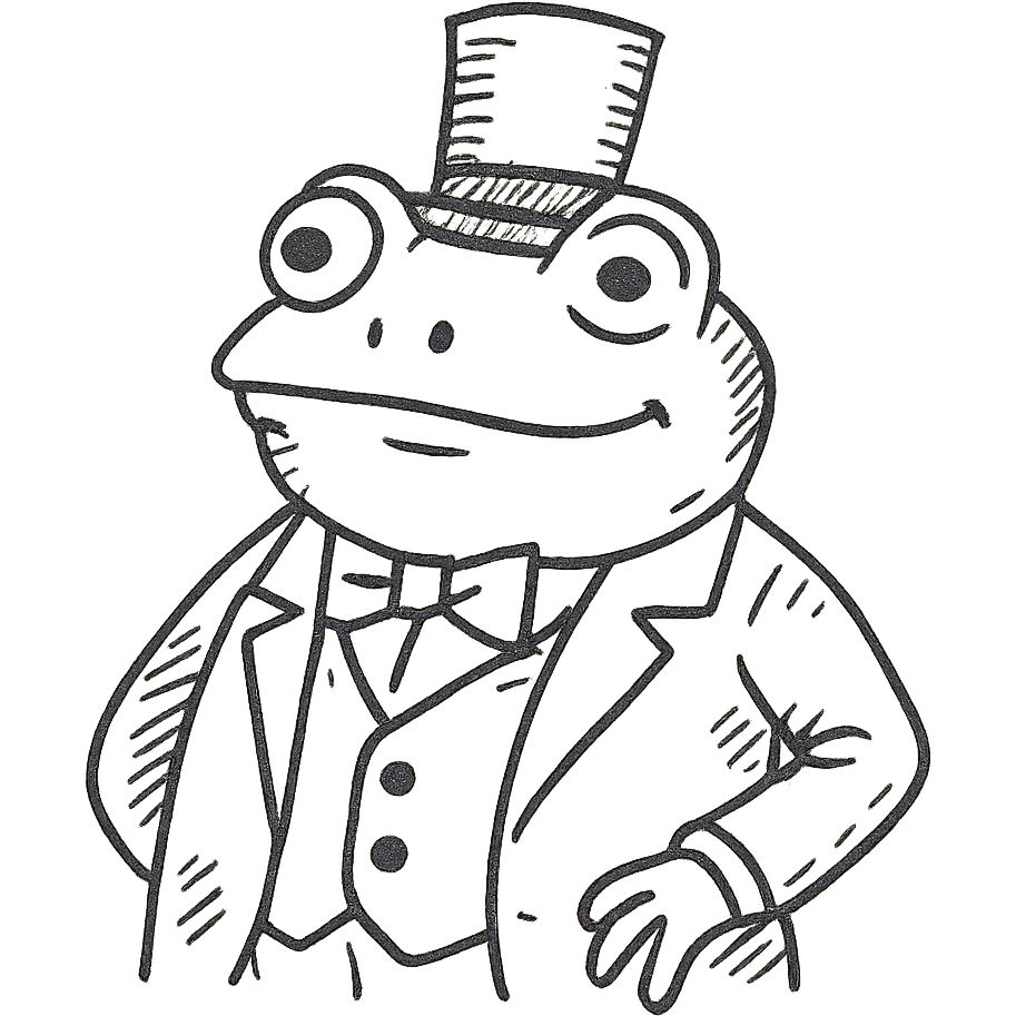 hand-drawn frog in a green suit with a top hat looking wealthy emoji
