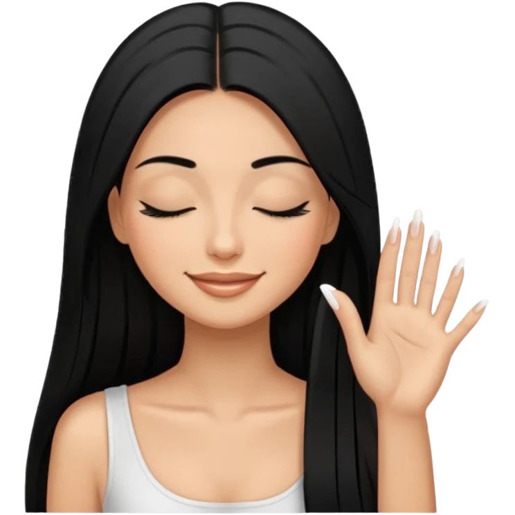 Beautiful woman with long straight black hair, tan skin, closed eyes, smiling, with long eyelashes and white nails, classy elegant style. emoji