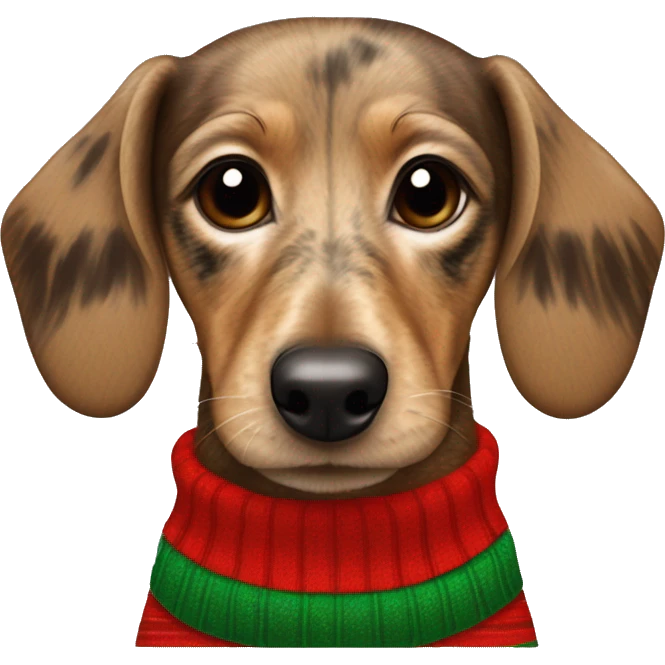 Speckled light brown wire haired dachsund wearing a stripy Christmas jumper emoji