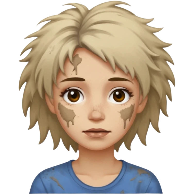 very dirty looking homeless woman very very dirty and smelly looking face only, not old with grey smudges everywhere and messy hair and lots of stains on face ugly and smudged face on forehead and chin emoji