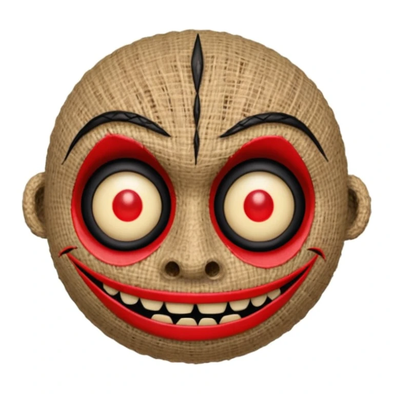 creepy voodoo face emoji with stitched mouth using rough black thread, one button eye, other eye a black X, large red pin piercing the head, soft glow outline, deep charcoal background with old fabric or burlap texture, slightly twisted smile, blending true crime, folklore, and occult themes emoji