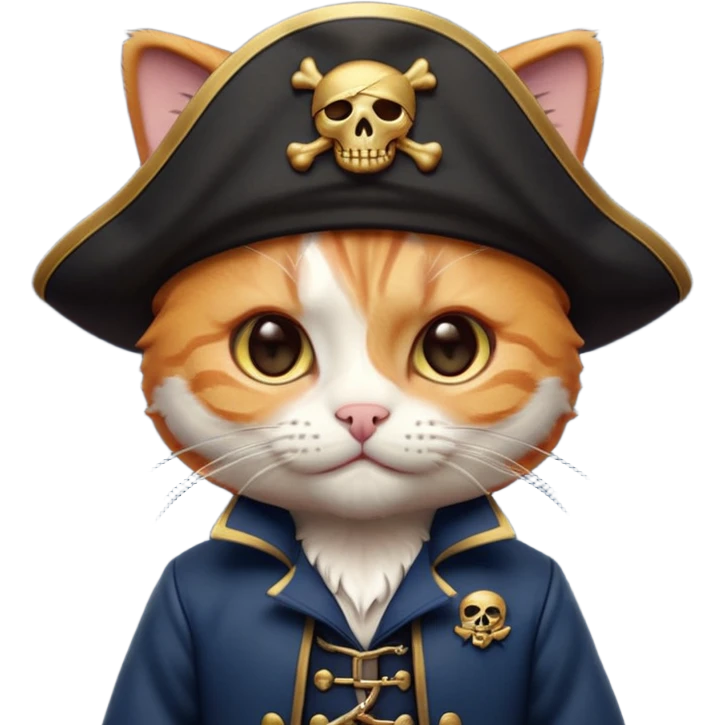 Premium 3D emoji icon of a cute ginger cat pirate, wearing a **deep navy blue** velvet pirate hat with a silver skull icon, and a black and gold captain's jacket. Glossy finish, claymorphism style, soft studio lighting, isolated on white background, 8k resolution, stylized professional look --v 6.0 emoji