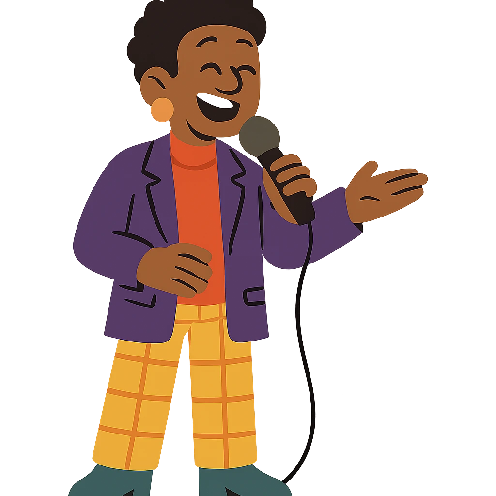 flat toon style comedian with colorful outfit holding a mic emoji