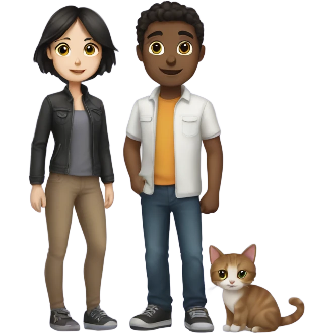Brunette girl and dark haired boy with their cat emoji