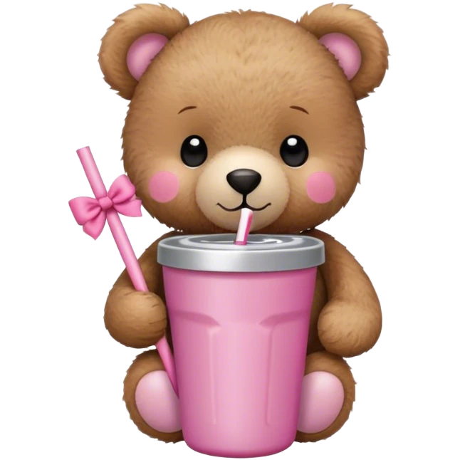 Small, cute brown teddy bear holding a pink colored Stanley tumbler with a small bow straw topper emoji