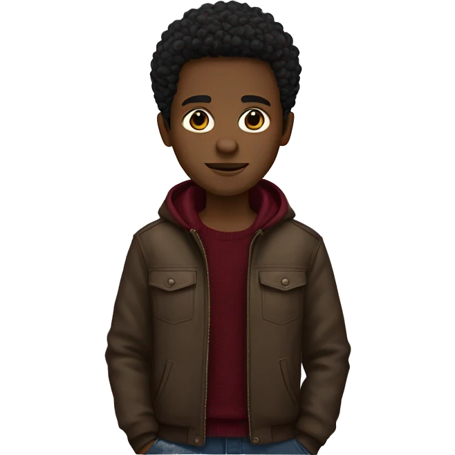black boy, tight to the head black brown hair, brown eyes, brown jacket, burgundy sweater emoji
