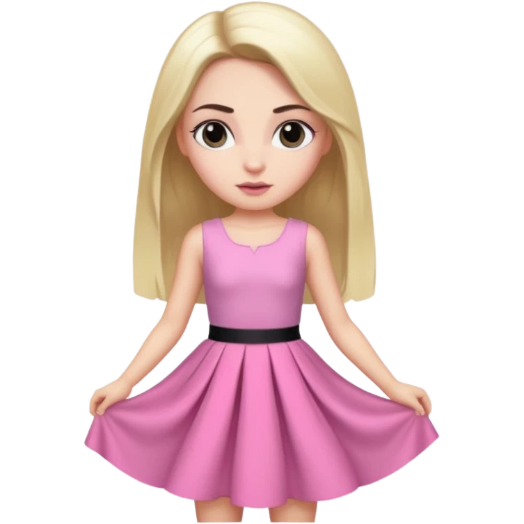 A photo of a white-skinned girl with black eyes and eyebrows and long bare hair, a beautiful pink skirt dress that has a lot of glamour and looks almost like a prince emoji