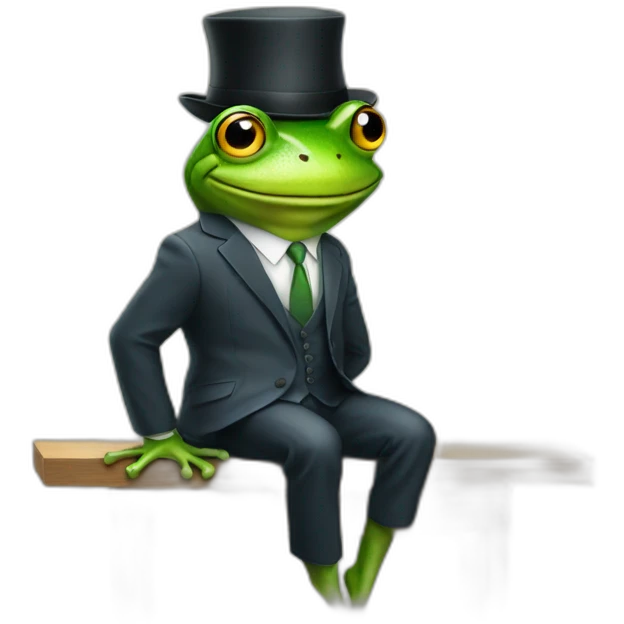 A frog wearing a suit looking straight sitting on a table and wearing a hat emoji