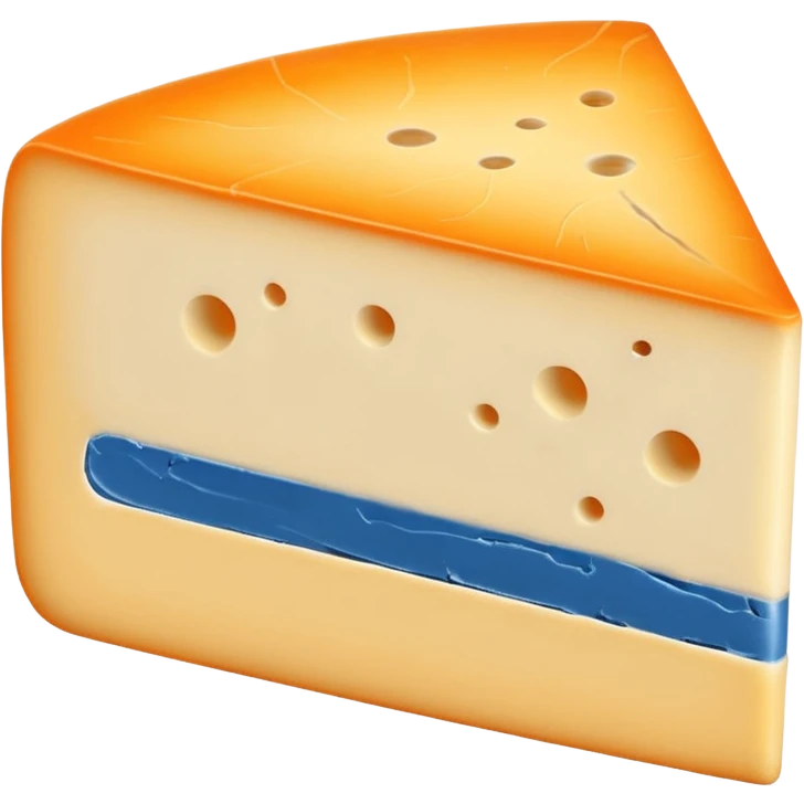 thick slice of Morbier cheese, pale yellow inside, thin blue-grey ash line in the middle, semi-soft dense texture, orange-beige washed rind, visually centered ash stripe, no board or extras, soft lighting, subtle shadows, emoji scale emoji