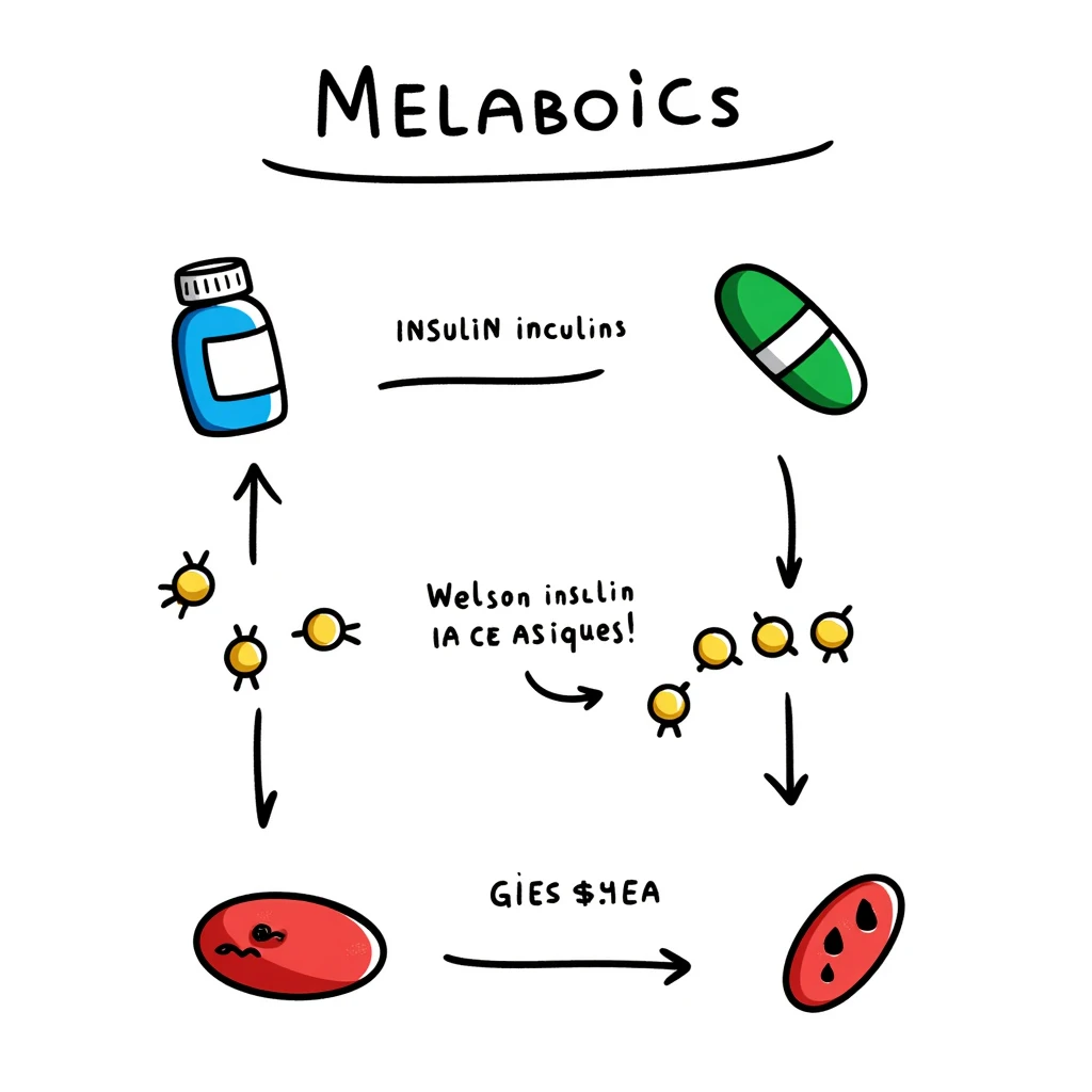 Anti-diabetic visualization with metabolic pathway: colorful flowchart showing blue insulin, green medication pills, yellow glucose molecules, and red blood cells. Hand-drawn educational diagram with arrows showing glucose regulation and insulin sensitivity improvement. emoji