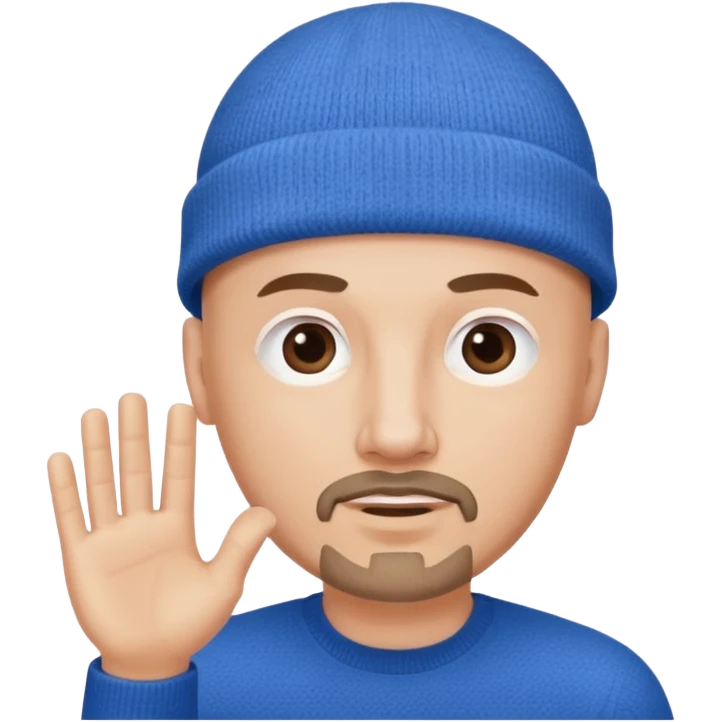 White bald with regular goatee hand raised blue knit cap emoji